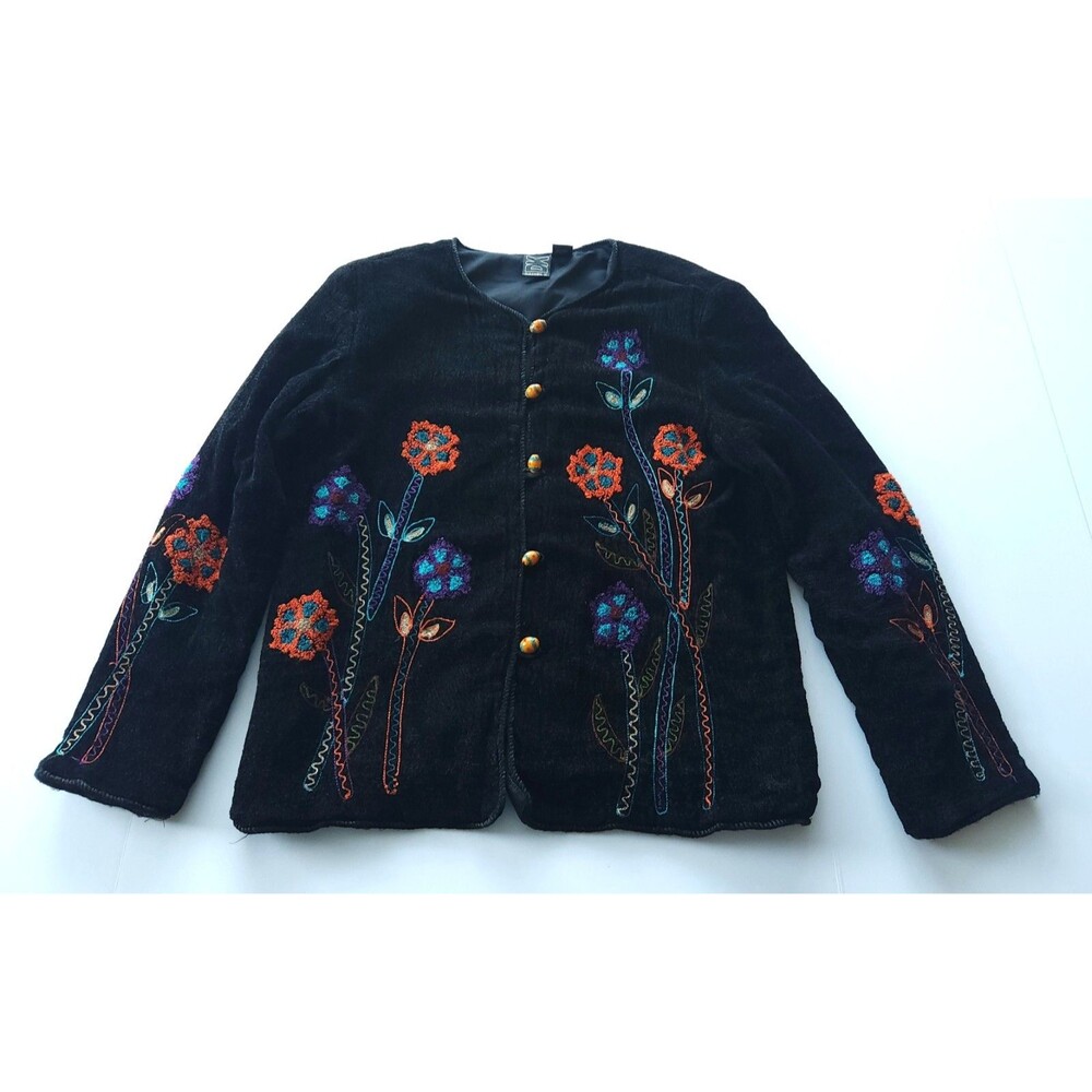 Vtg Daniel K Velvet Embroidered Jacket Black Floral Boho Artsy Whimsygoth Size L
